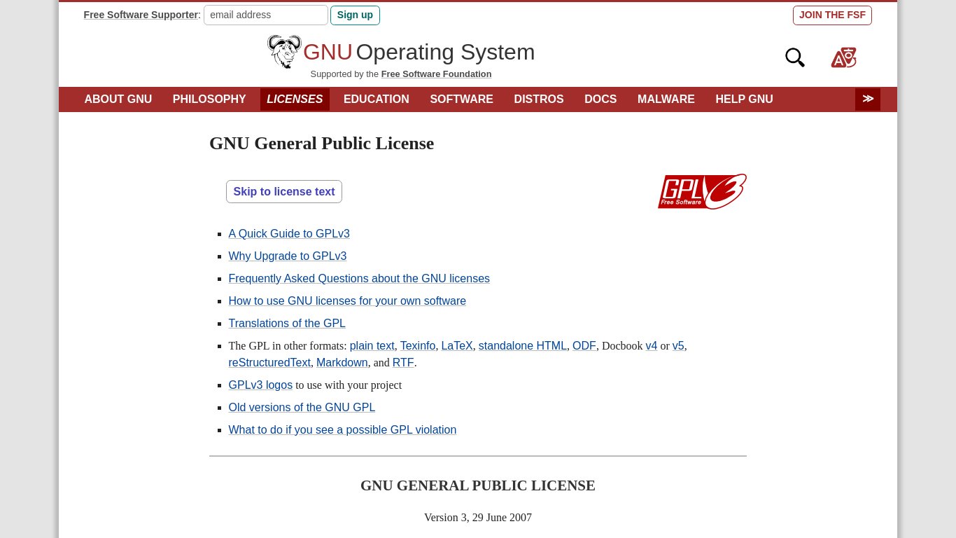 GNU General Public License Landing page