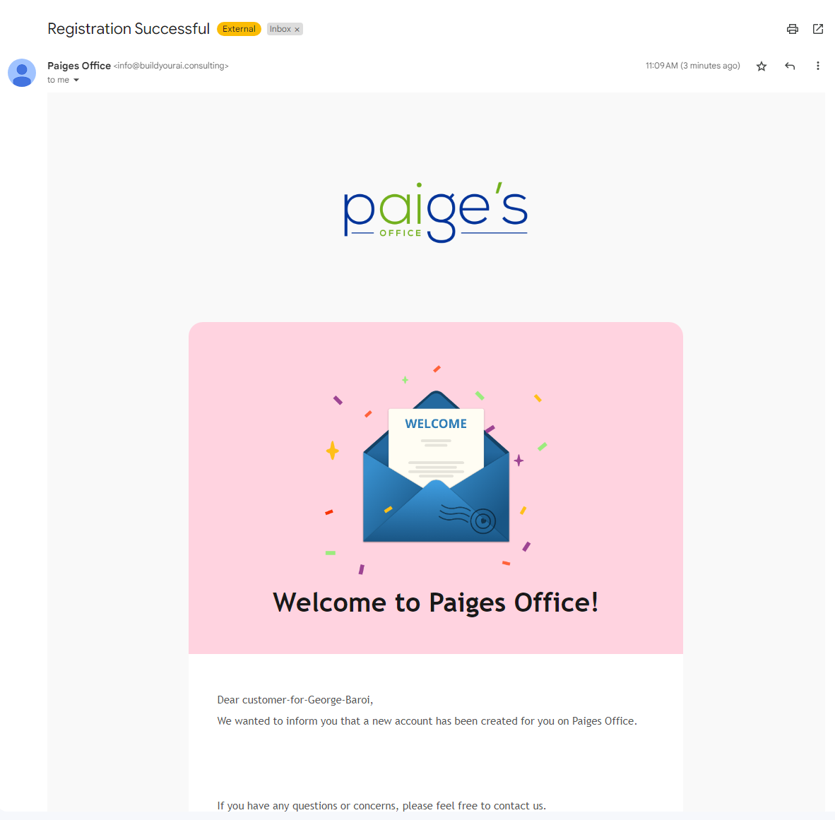 Paiges Office Registration Confirmation Email