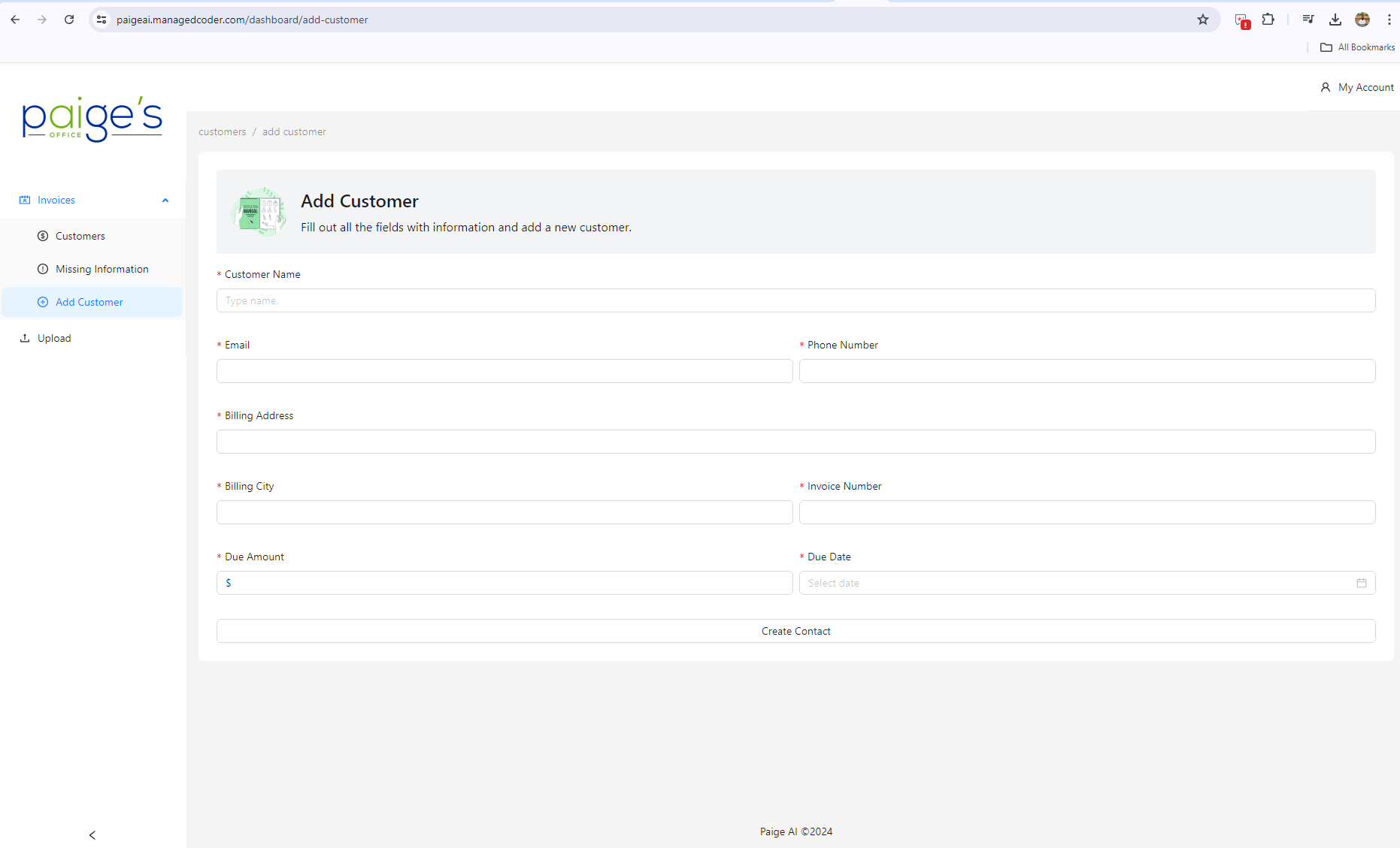 Paiges Office Add Customer Manually