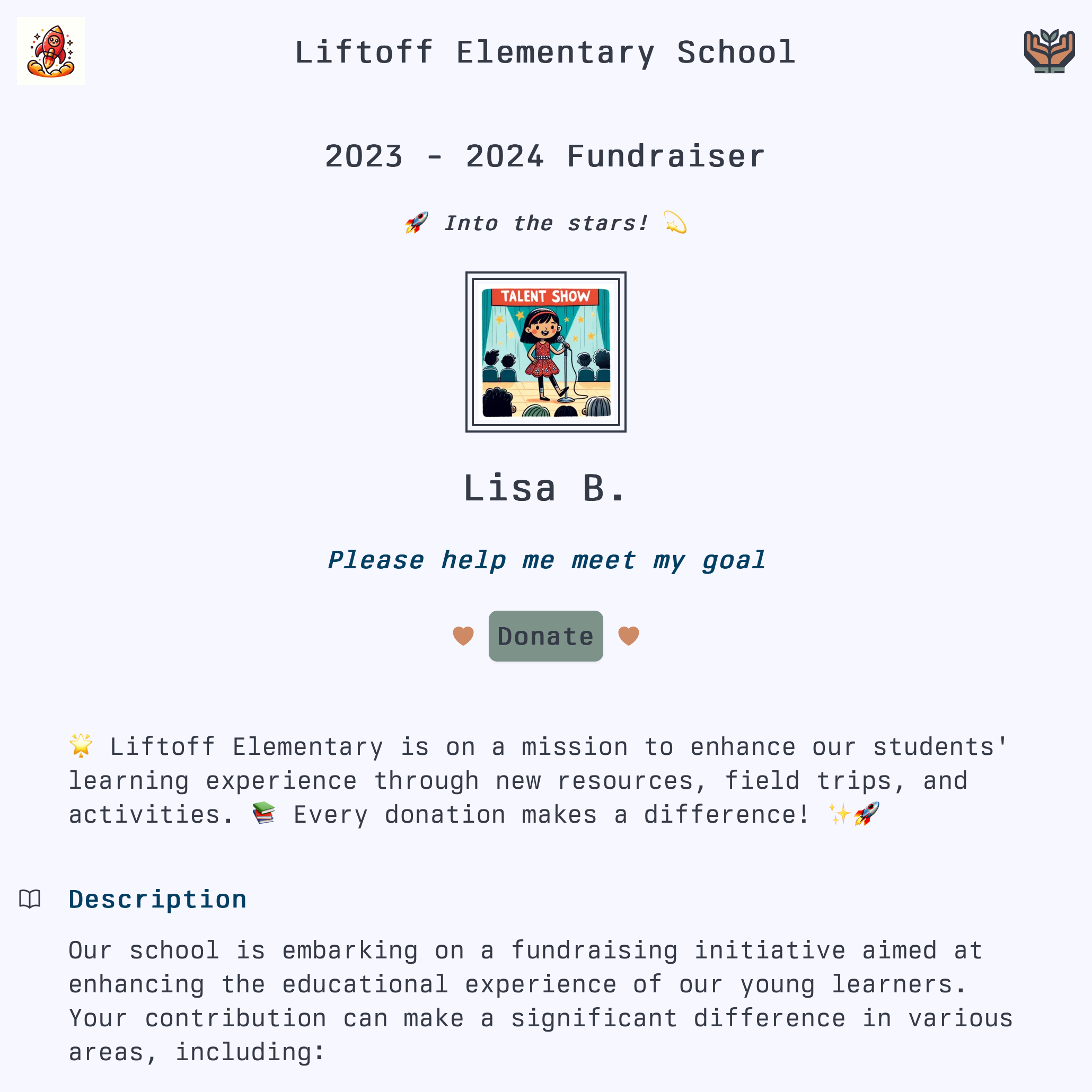 Give With Click Example campaign campaign page for a student