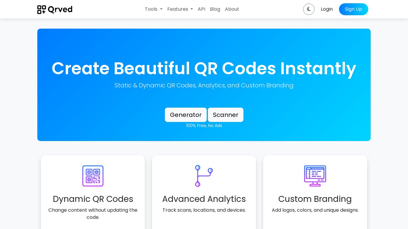 Qrved QR Code Generator Landing page