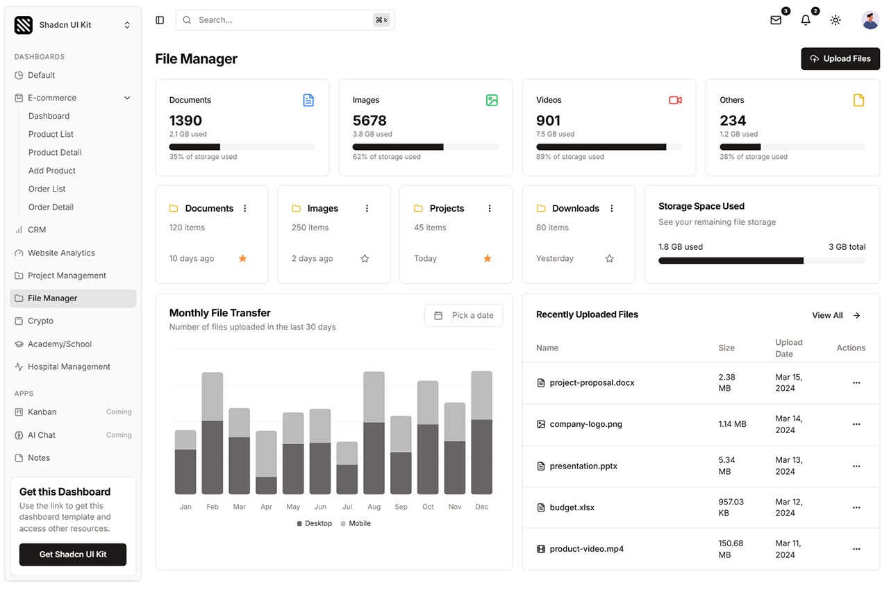 Shadcn UI Kit File manager admin dashboard template