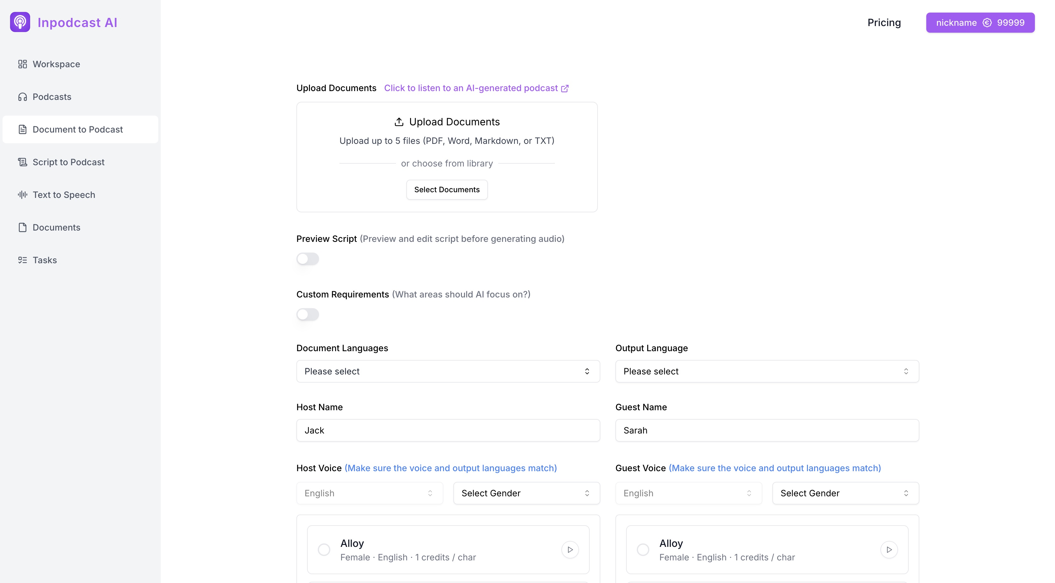 Inpodcast AI Inpodcast AI Document to Podcast