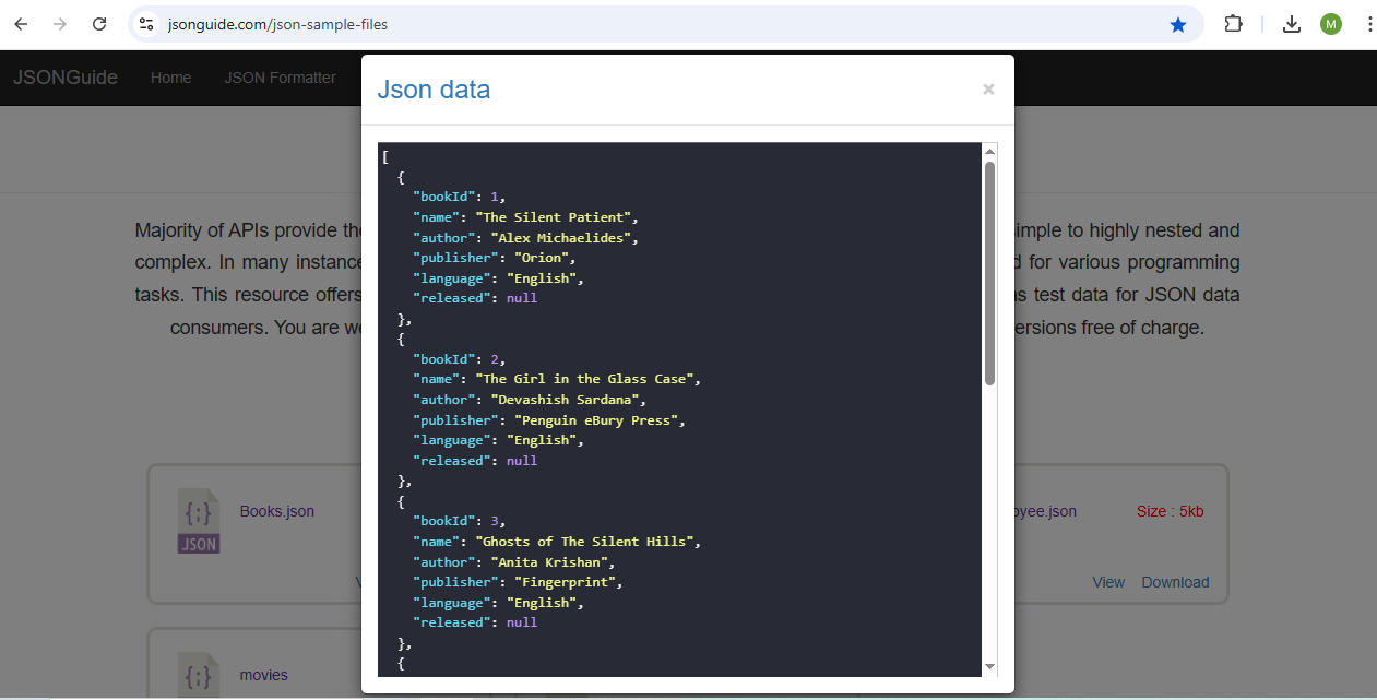 JSONGuide Json formatter Json Sample files