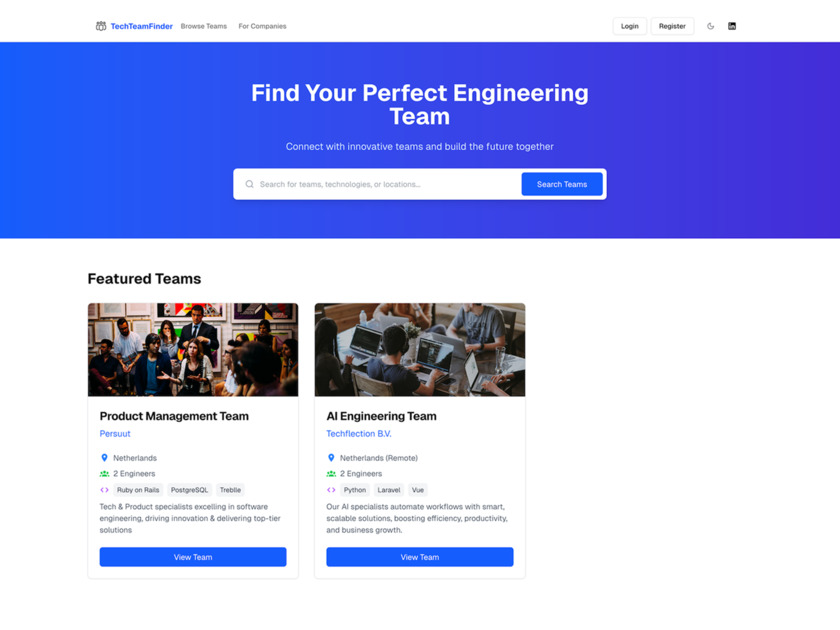 TechTeamFinder Landing Page