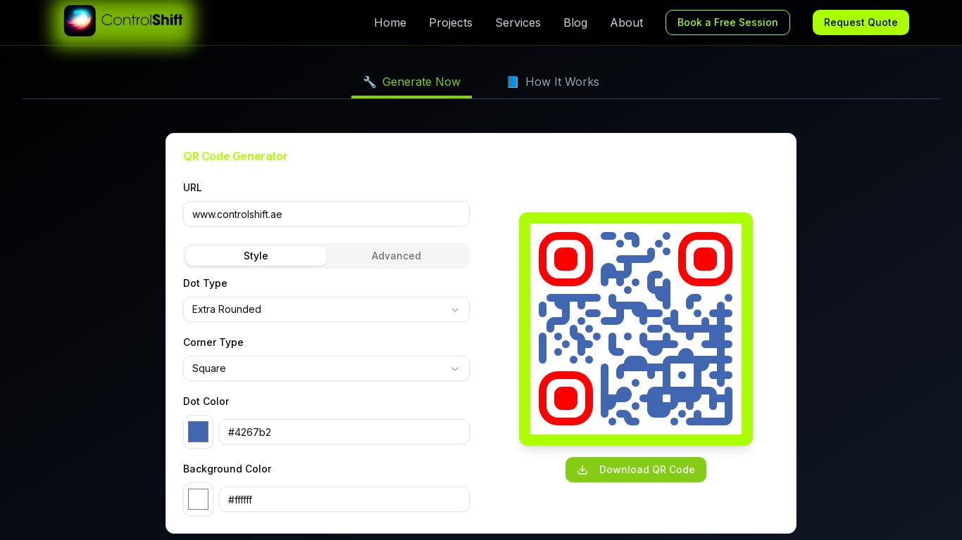 ControlShift QR Code Generator Landing page