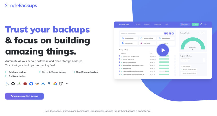 SimpleBackups Landing Page