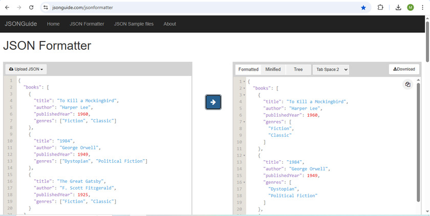 JSONGuide Json formatter Landing Page
