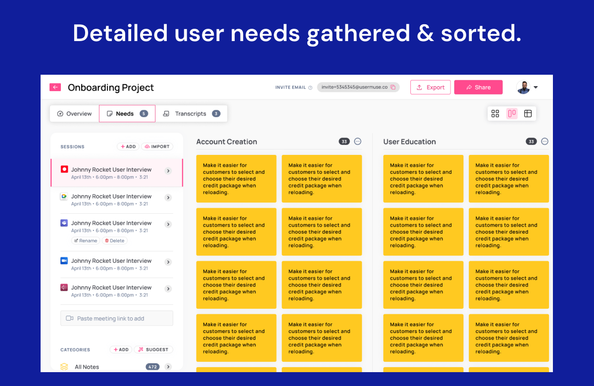 Usermuse.ai Detailed user needs gathered and sorted