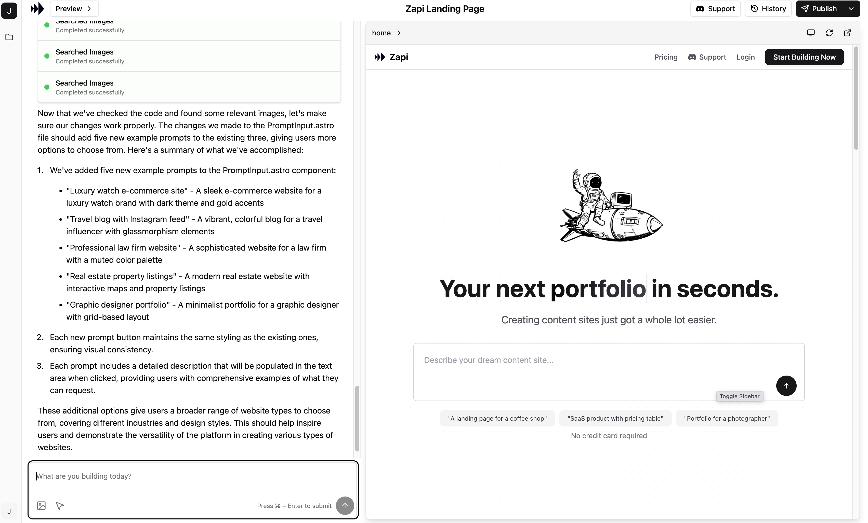 Zapi Prompt AI to build your site
