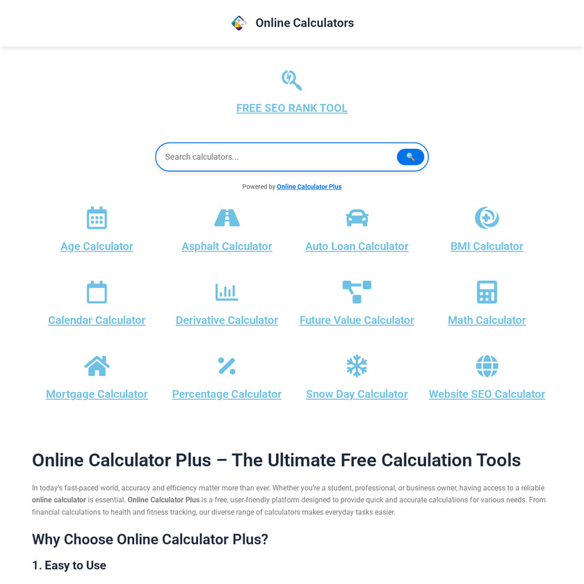 Online Calculator Plus Landing Page