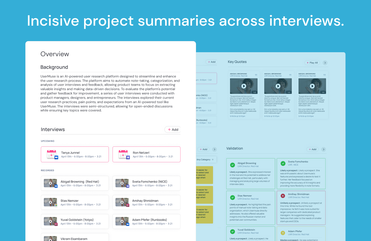 Usermuse.ai Incisive project summaries across interviews