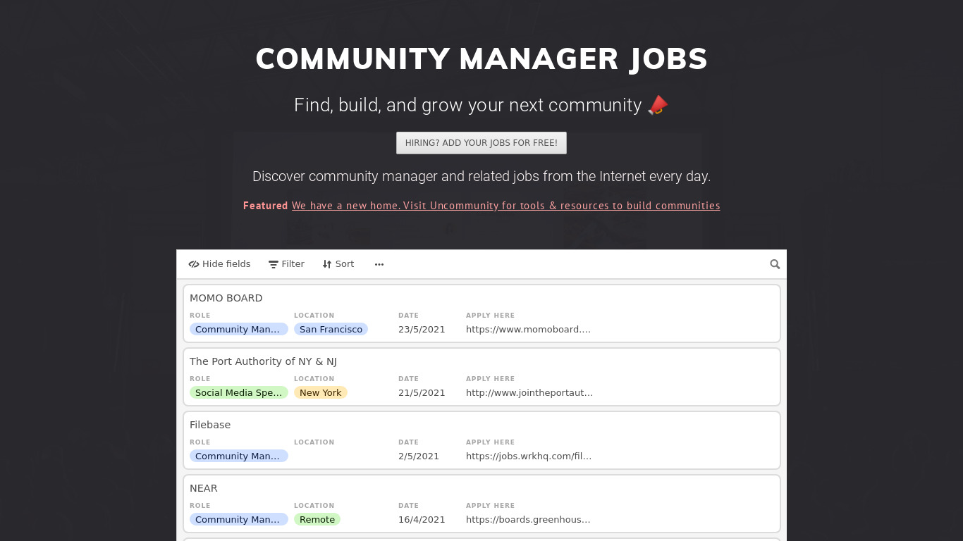 Community Manager Jobs Landing page