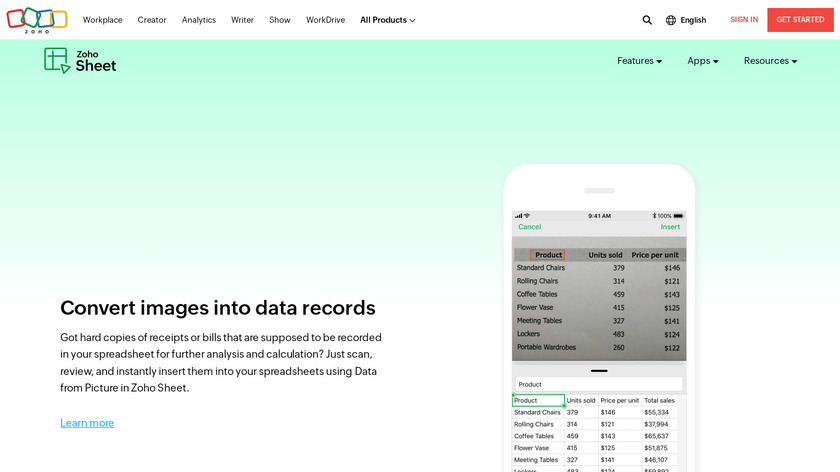 Zoho Sheet for Mobile Landing Page