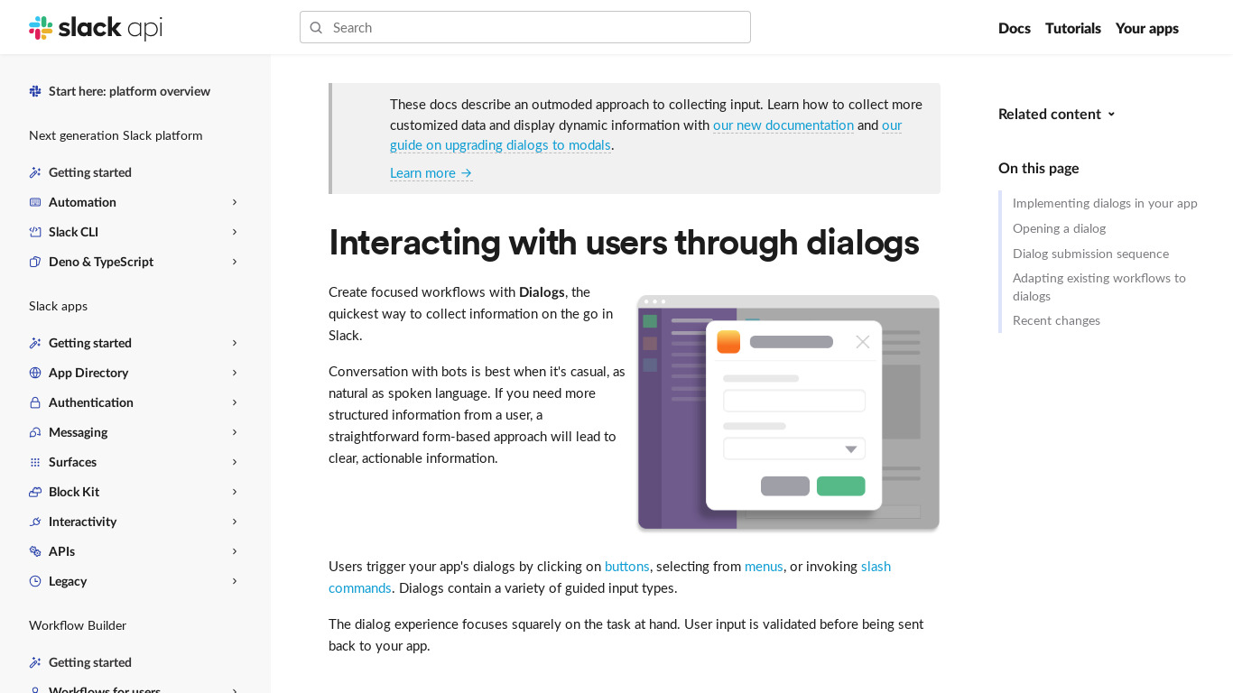 Dialogs by Slack Landing page