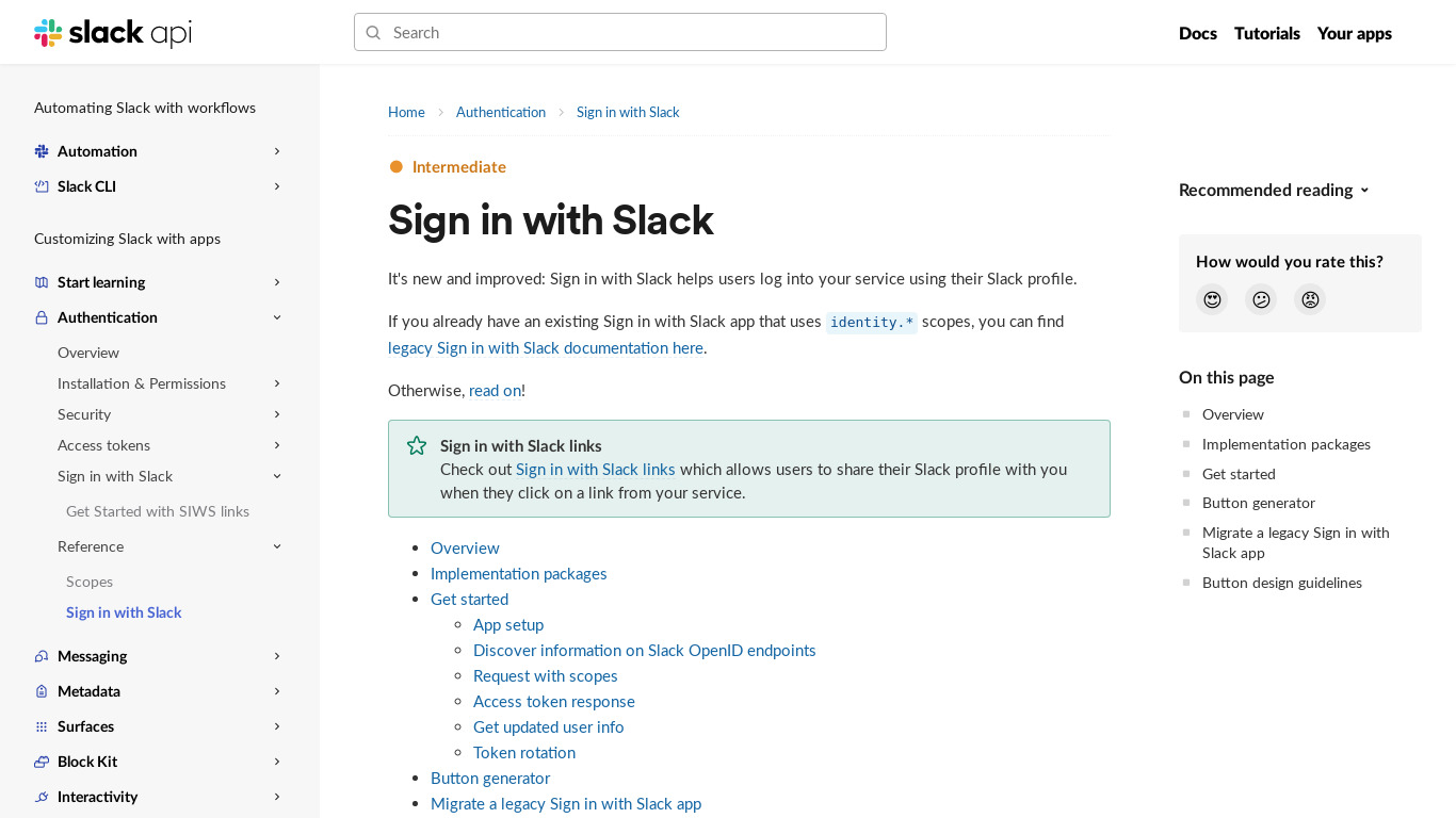 Sign in with Slack Landing page
