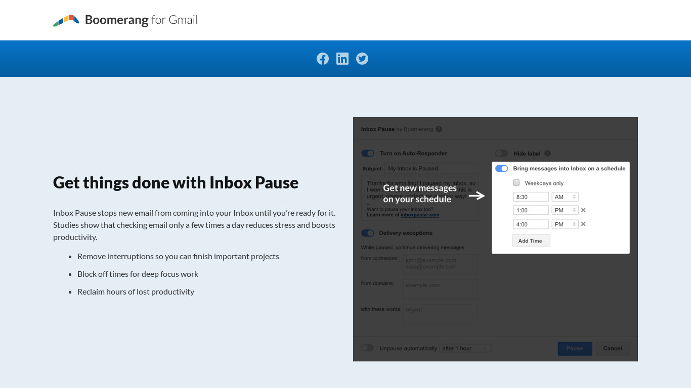 Inbox Pause by Boomerang Landing page