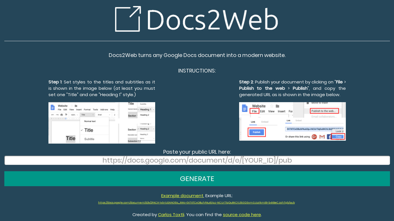 Docs2Web Landing page