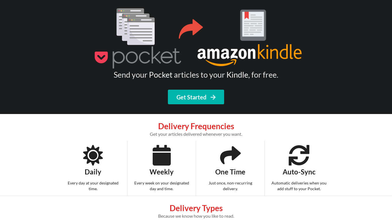 Pocket to Kindle (P2K) Landing page