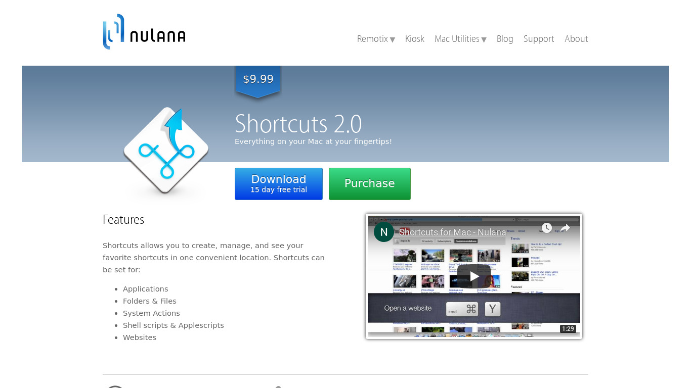 nulana.com Shortcuts Landing page