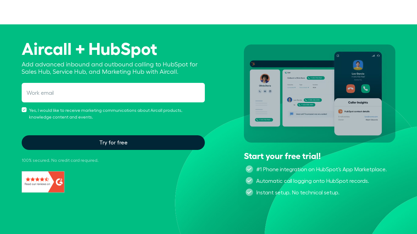 Aircall for HubSpot Landing page