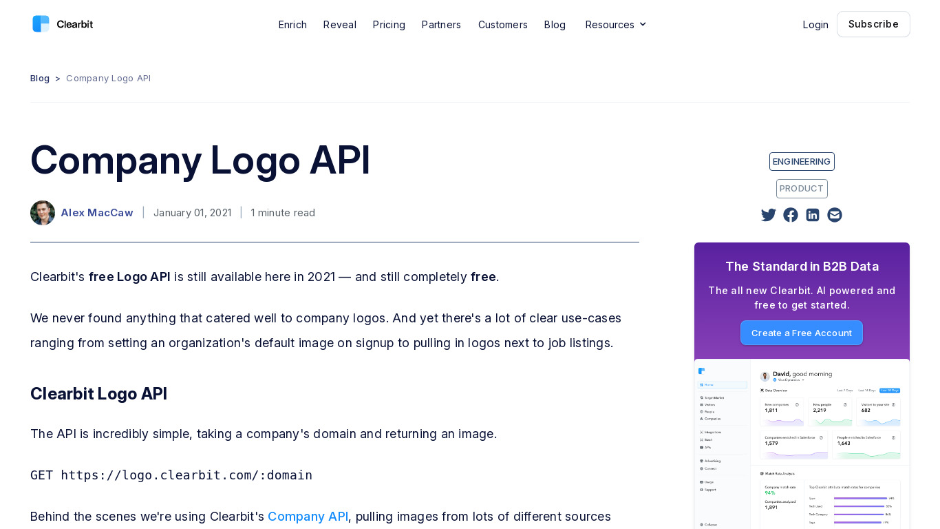 Clearbit Company Logo API Landing page