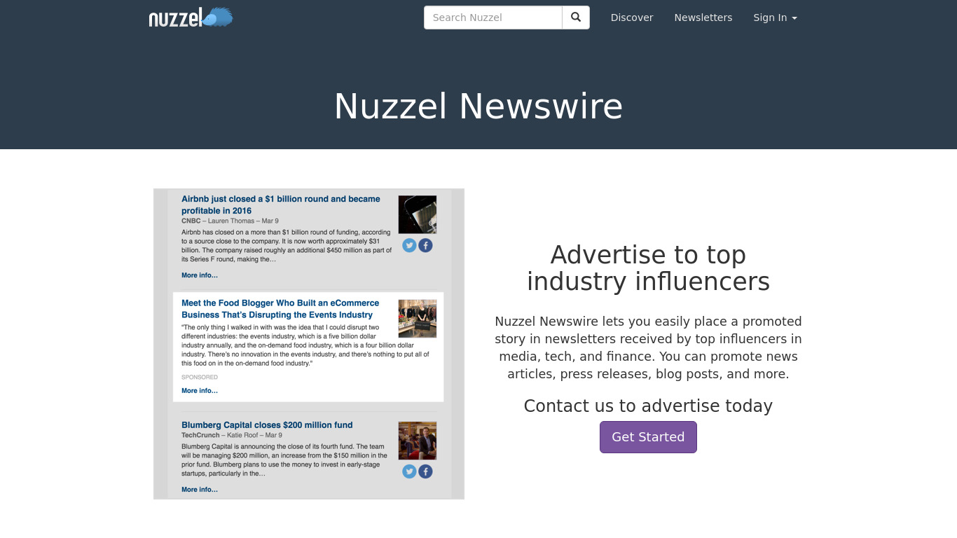 Nuzzel Newswire Landing page