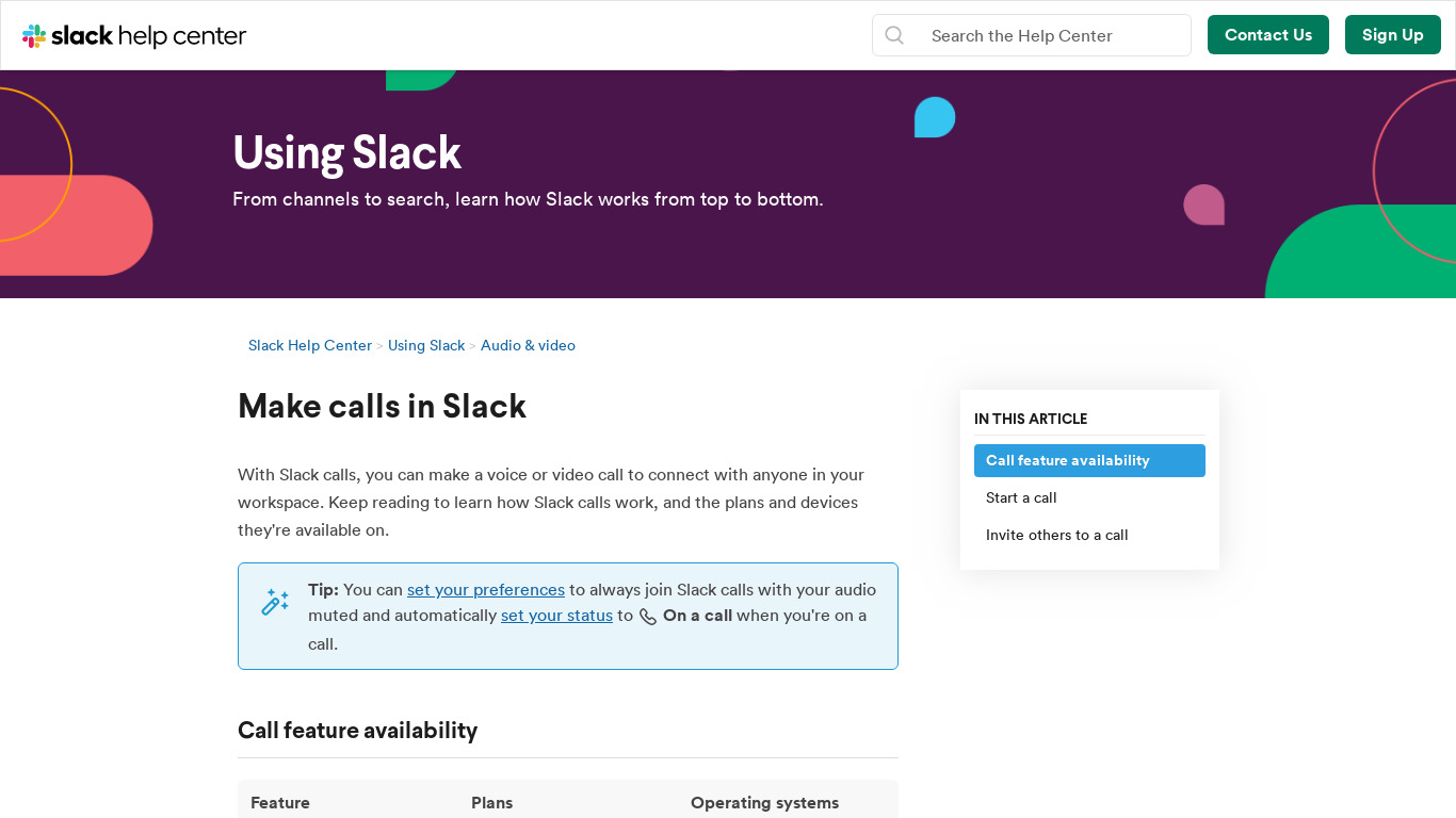 Calls on Slack Landing page