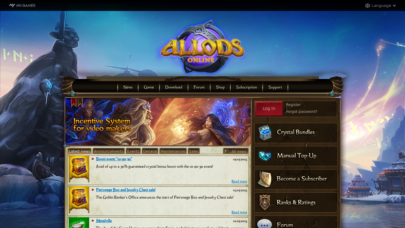 Allods Online Landing page