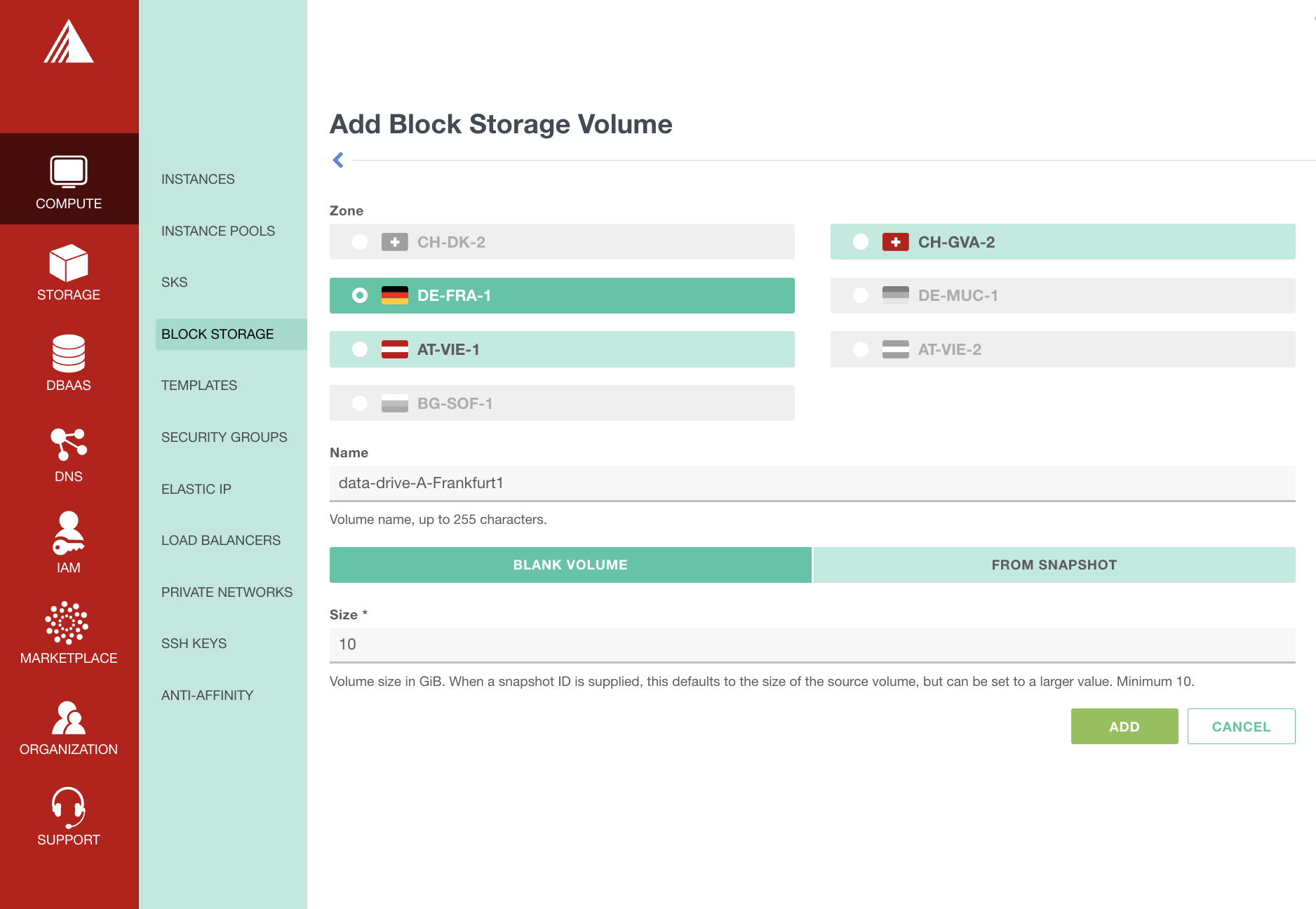 Exoscale Block storage interface at Exoscale