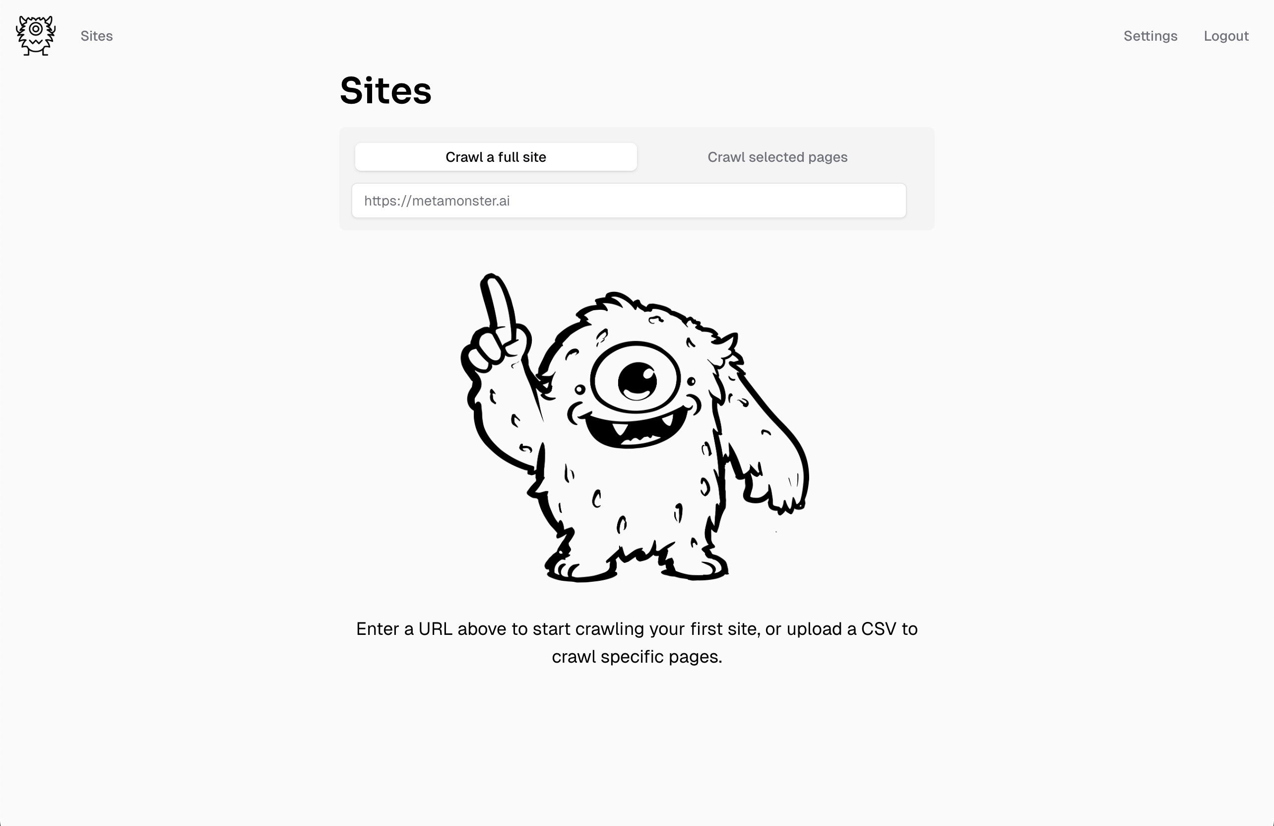 MetaMonster.ai Sites page with no sites