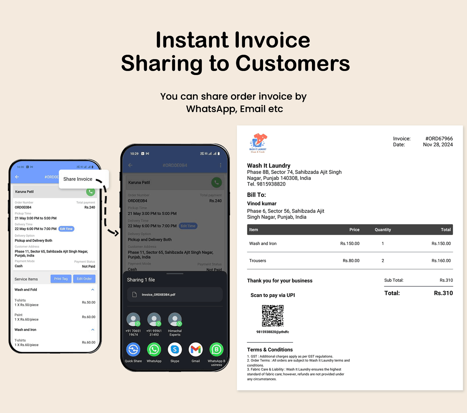 Wash It Laundry Instant Invoice sharing to customers