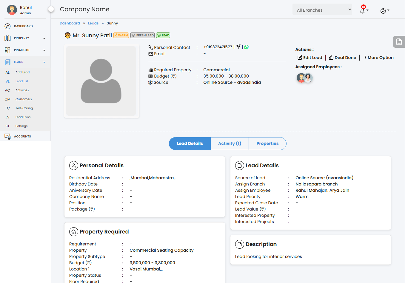 Propjini CRM Lead View - PROPJINI Cloud Based Real Estate CRM - [www.propjini.com]