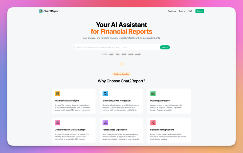 Chat2Report Landing Page