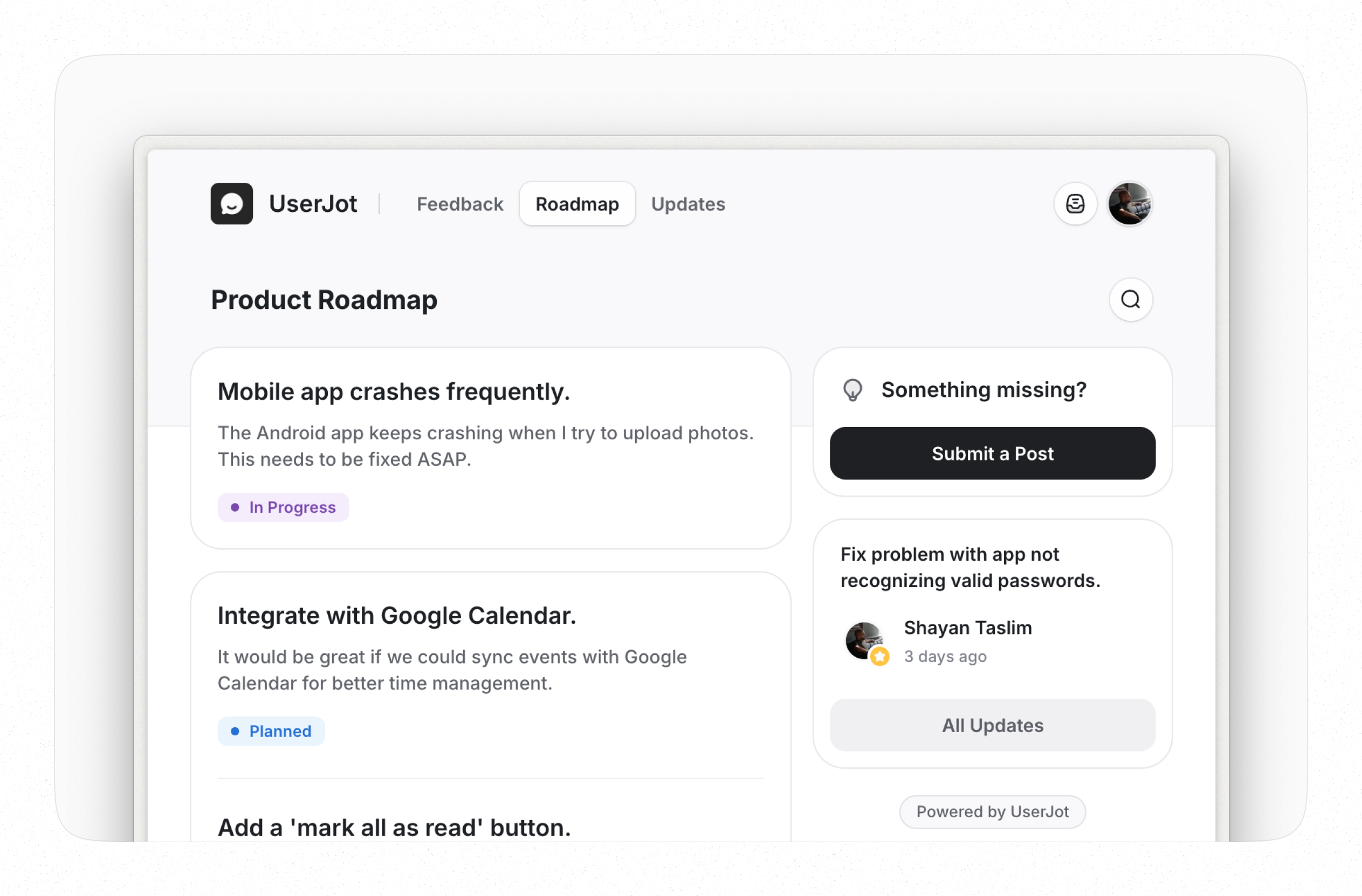 UserJot UserJot Public Product Roadmap Board