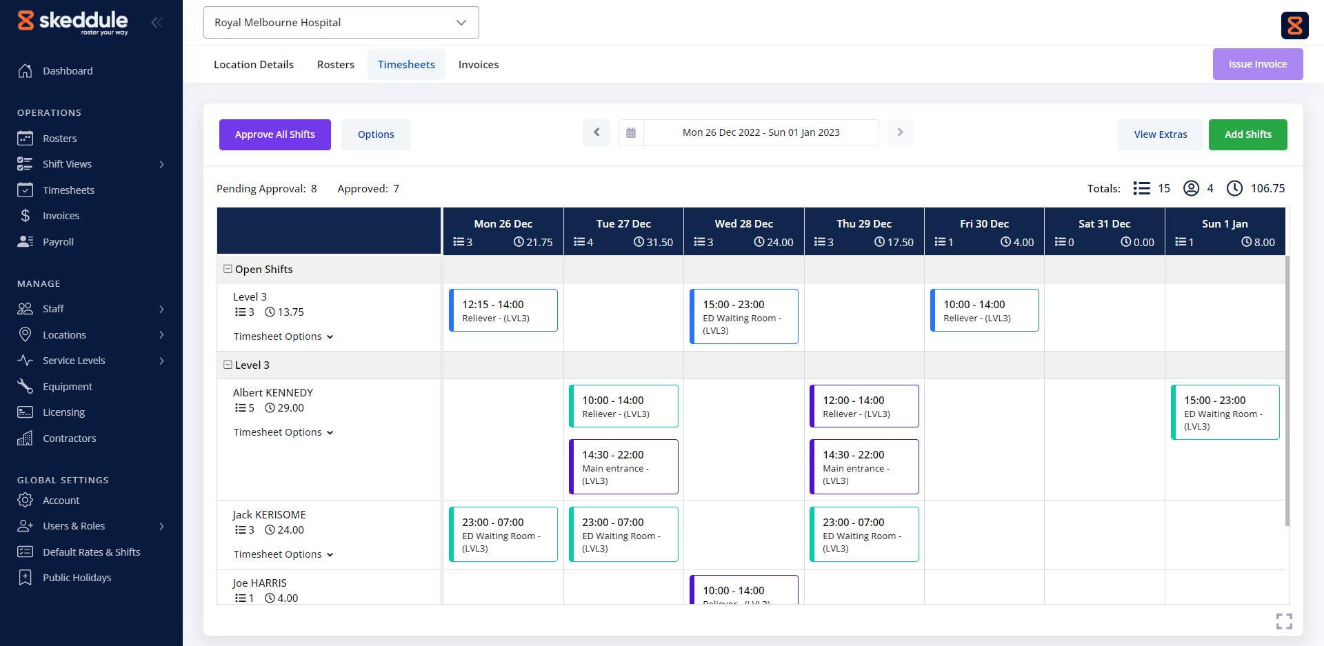 Skeddule Timesheets Calendar Page