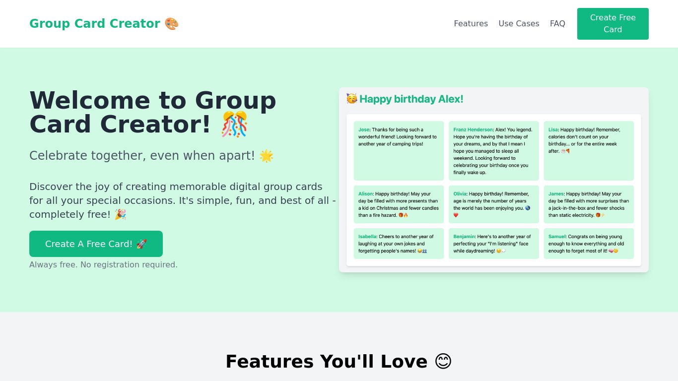 Group Card Creator Landing page