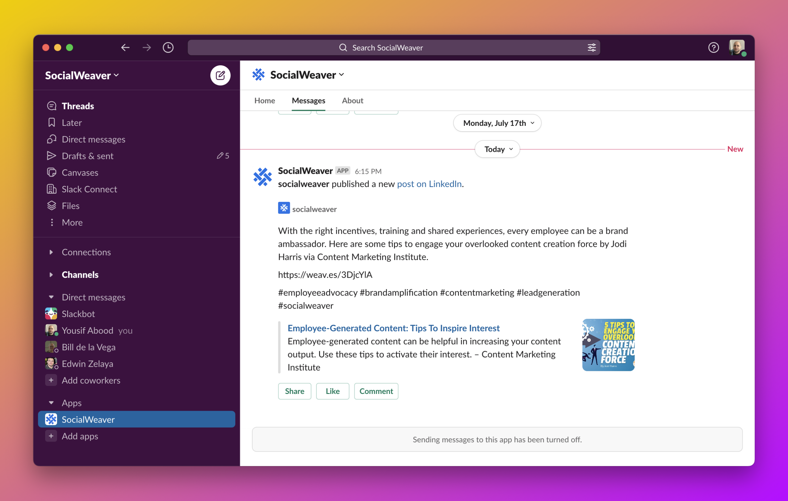 SocialWeaver LinkedIn content engagement directly from within Slack.