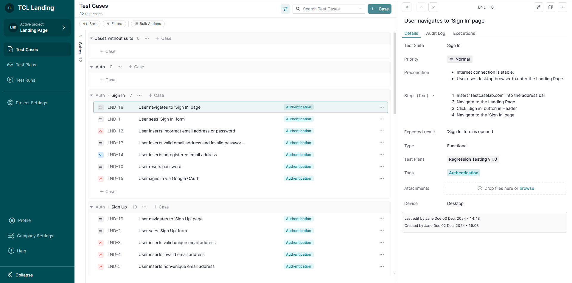 TestCaseLab Test Cases