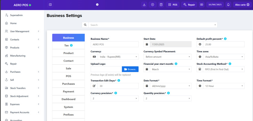 Aero POS by Webtirety Business settings Aero POS by Webtirety Business settings