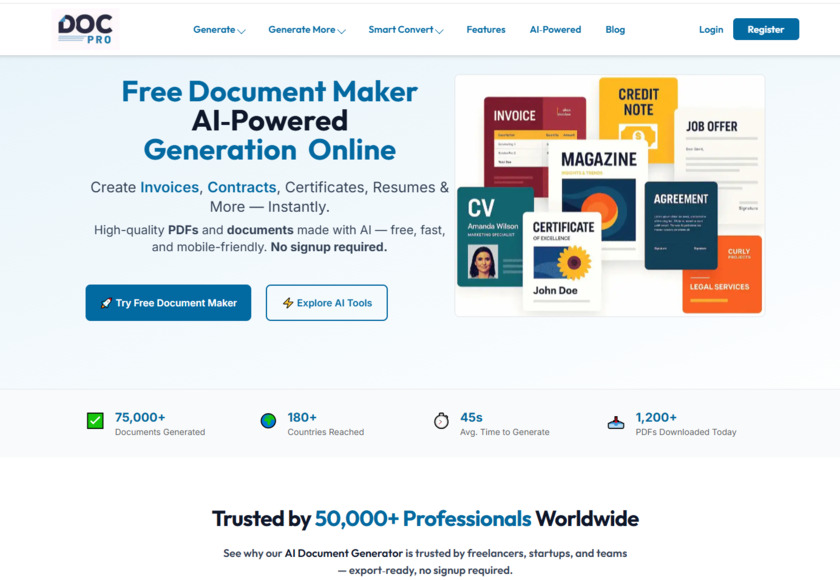 Freedocumentmaker.com Landing Page