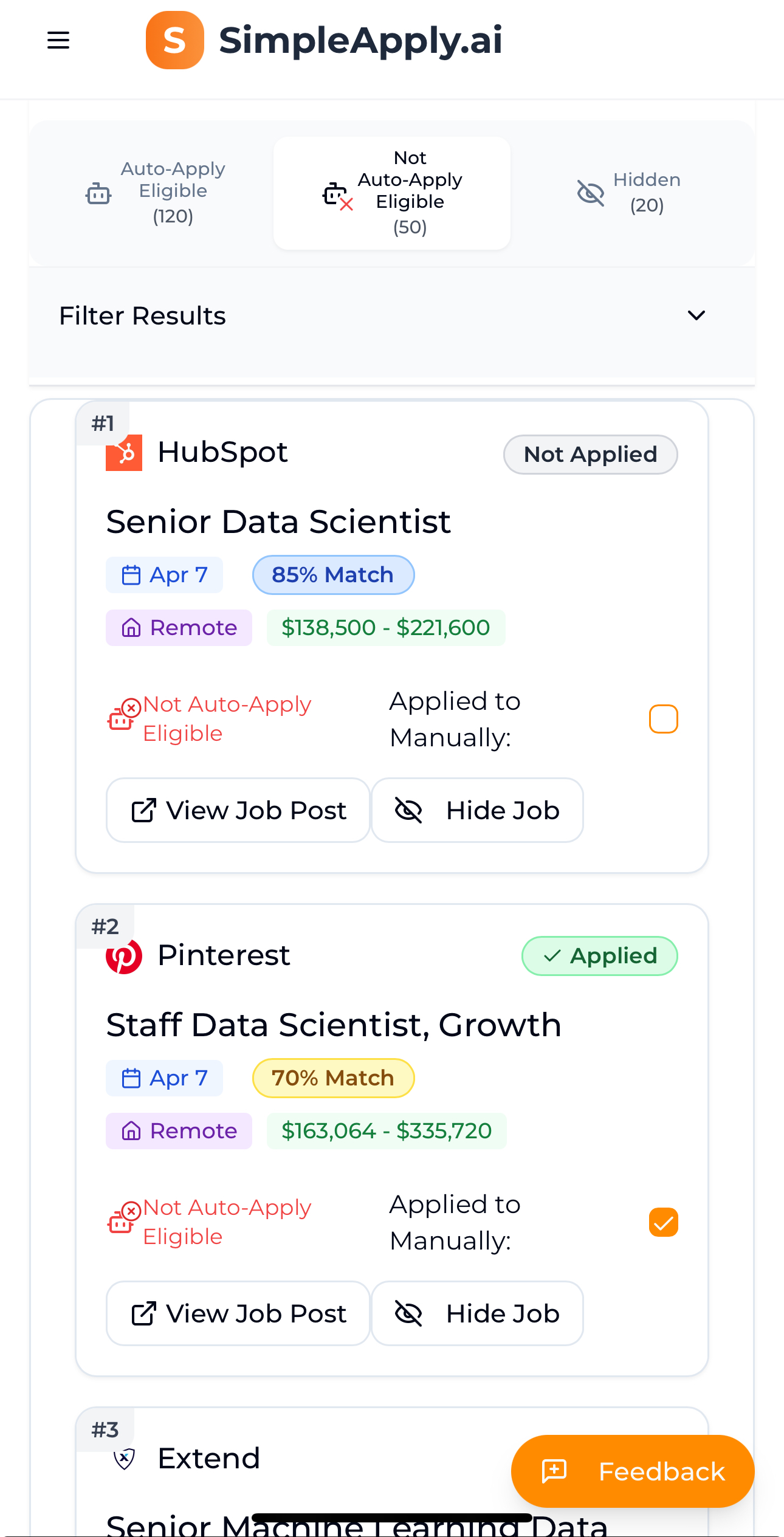 SimpleApply.ai Dashboard Jobs