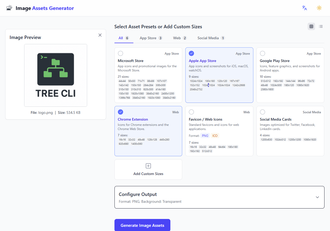 Image Assets Generator Selecting Output Formats UI