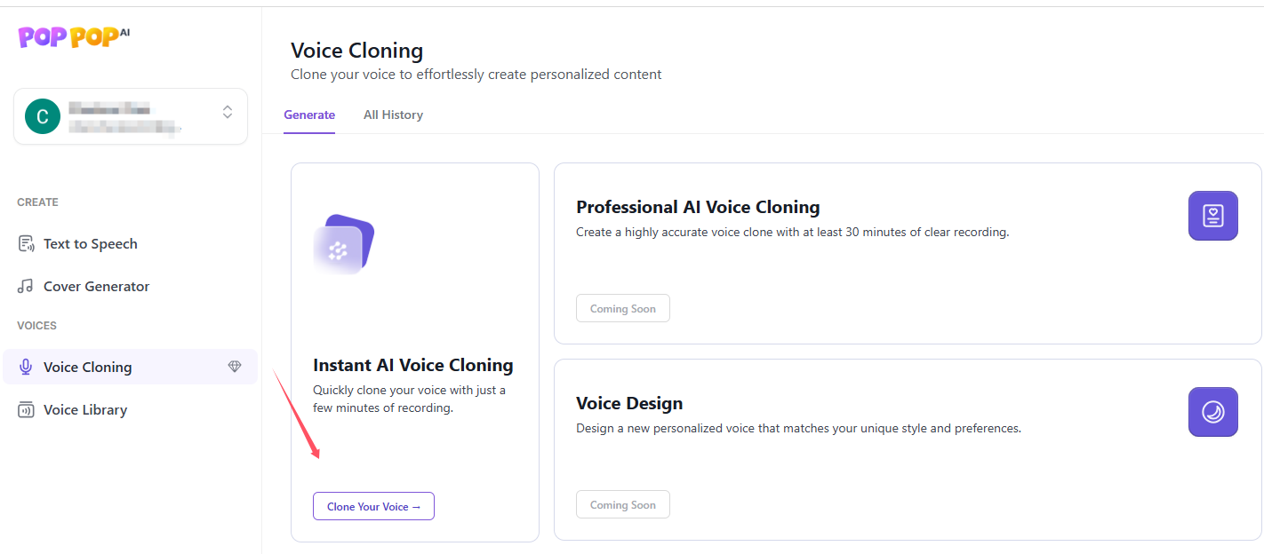 PopPop AI Voice Clone Choose the voice clone