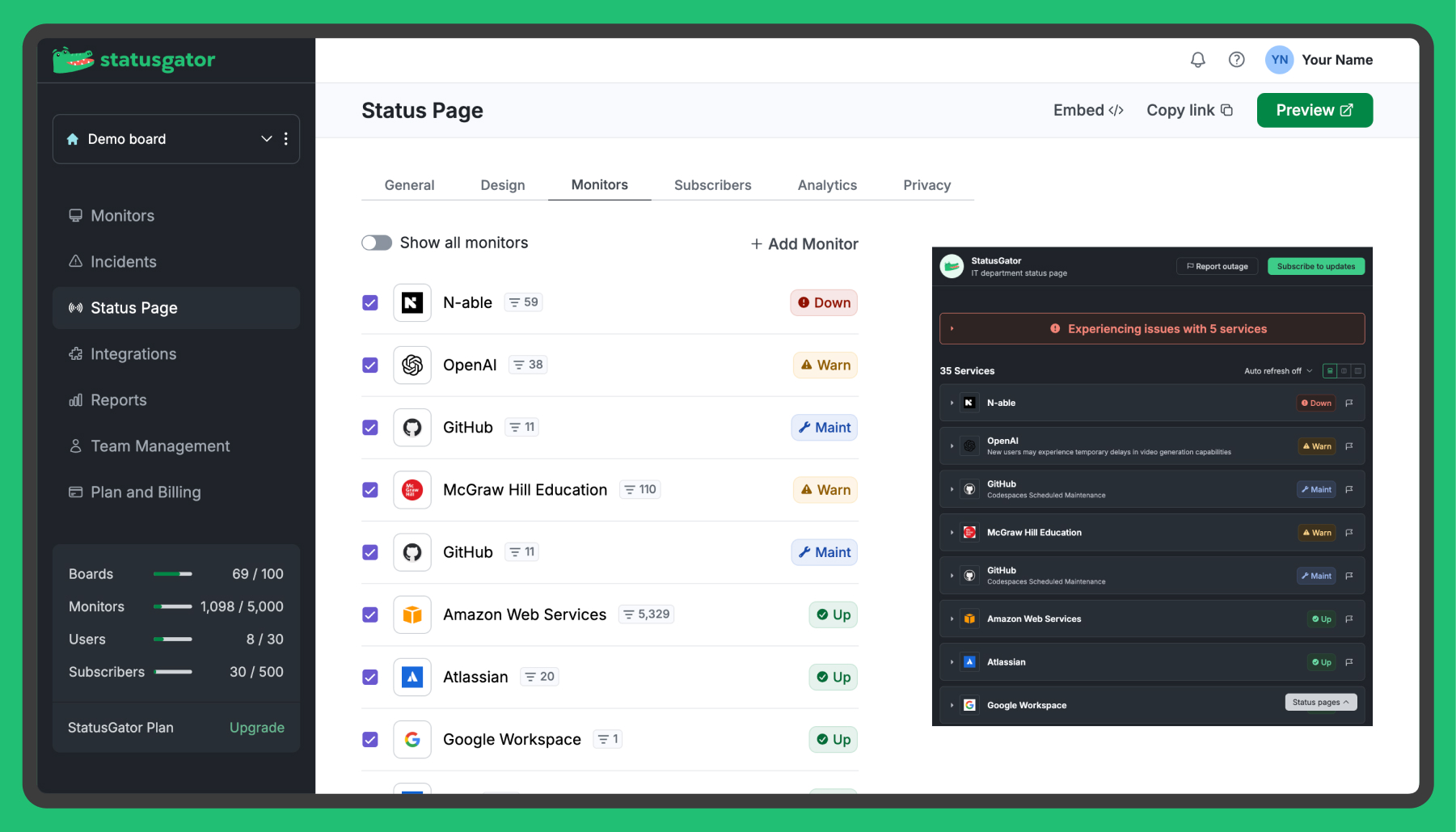 StatusGator Status page customization