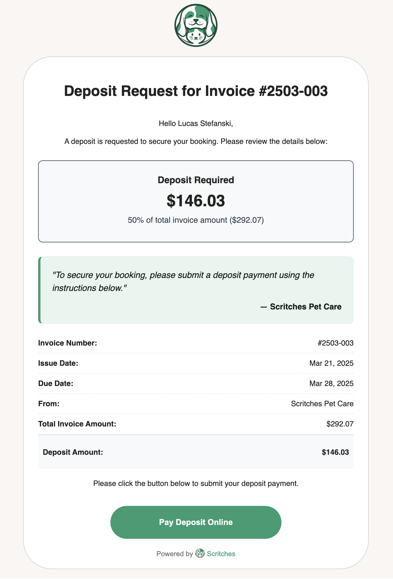 Scritches.io Scritches Deposit Request