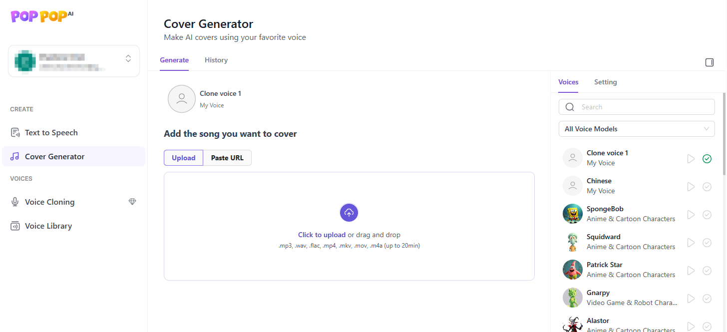 PopPop AI Voice Clone Use the cloned voice to cover a song