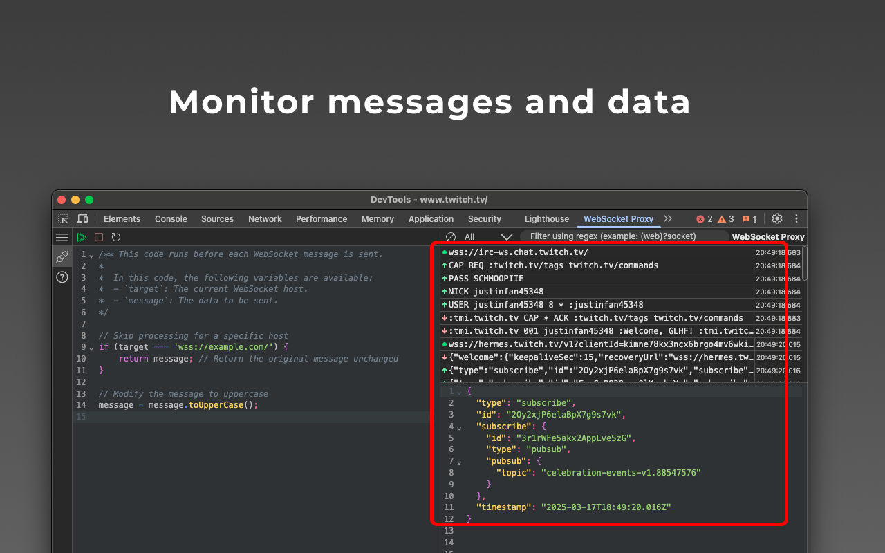Tests.ws Monitor messages and data