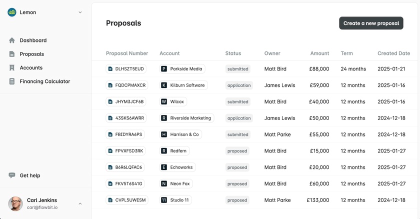 Lemon.co Financing proposals screen Lemon.co Financing proposals screen