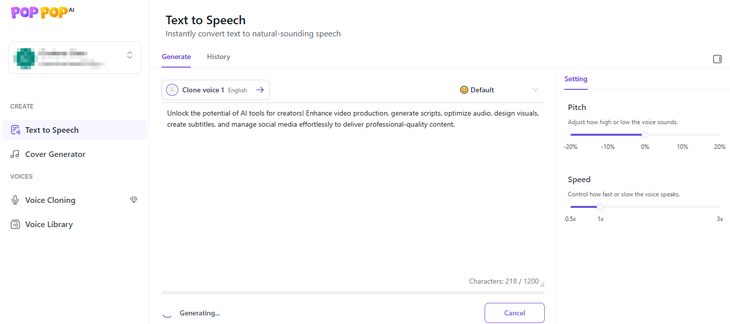 PopPop AI Voice Clone Generate speech using the clone voice 